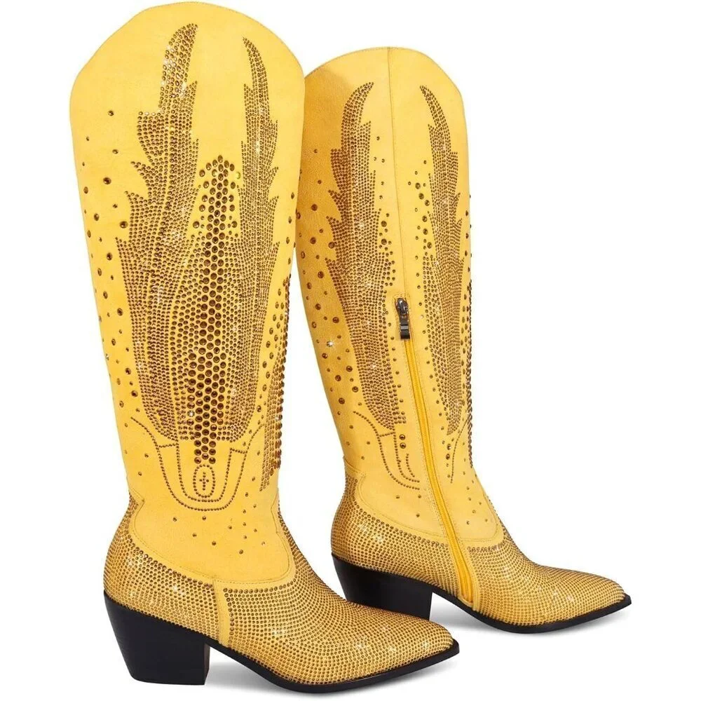 Women Polyurethane Yellow Knee High Pointed Toe Chunky Heel Rhinestone Boot